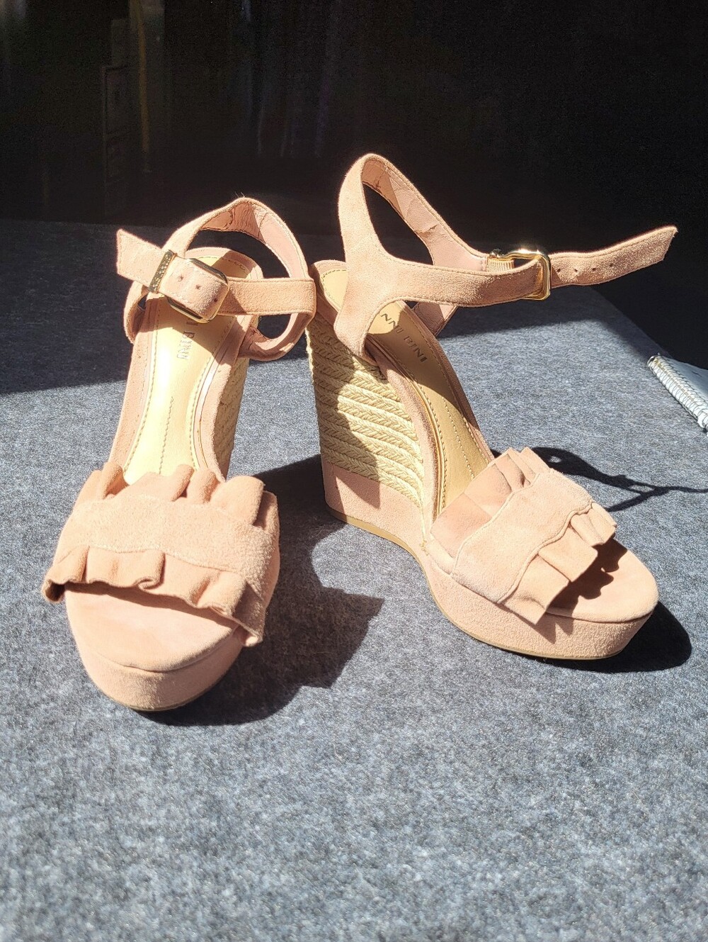 Gianni Bini Blush Pink Ruffle Espadrille Wedges with Ankle Strap - Picture 2 of 7